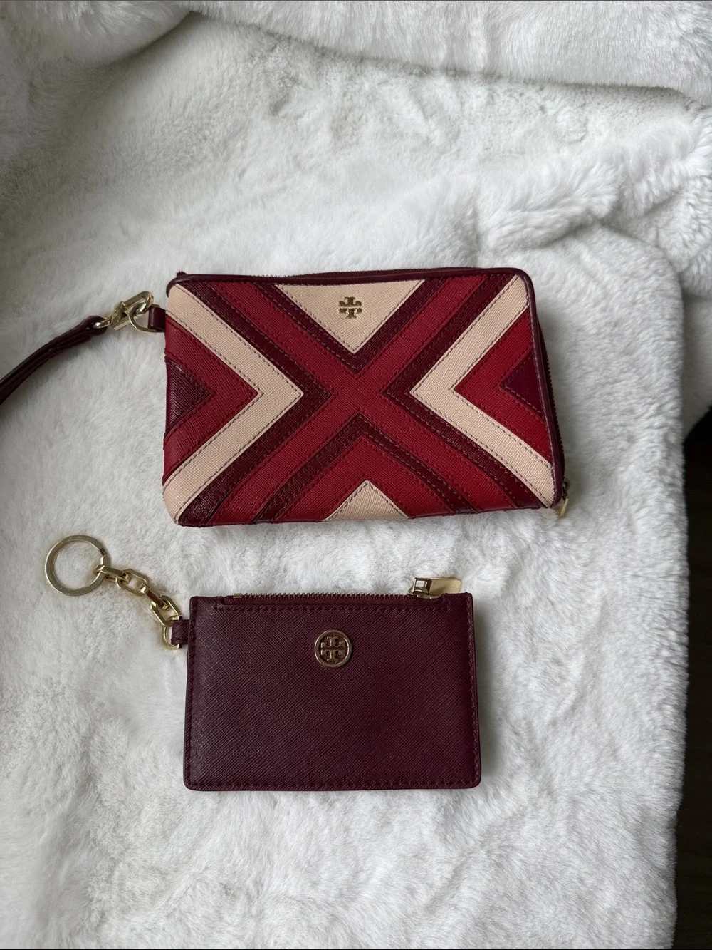 Bundle Tory Burch Red and Cream Zip Wristlet with Burgundy Card Case